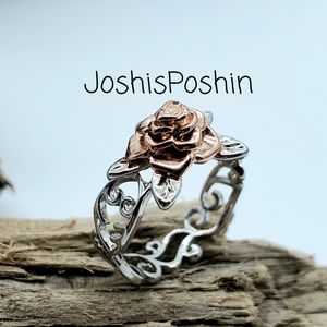 Silver rose gold flower belle ring